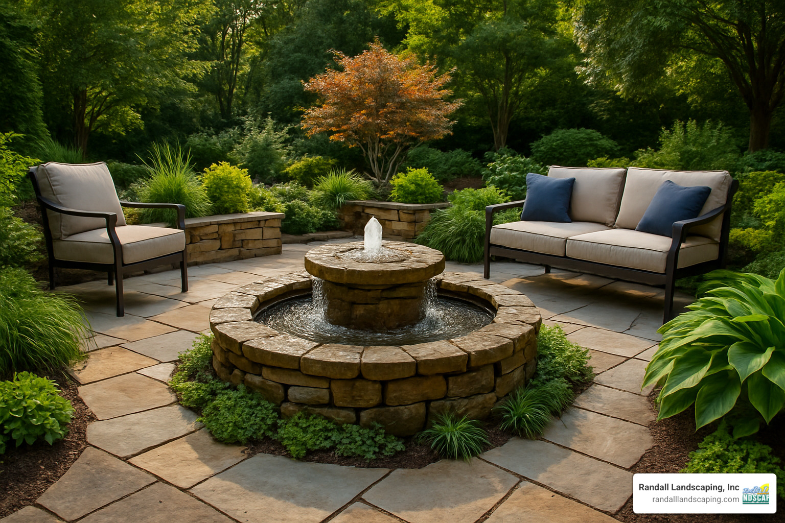 integrated patio water feature with small fountain - Patio design Boxford MA