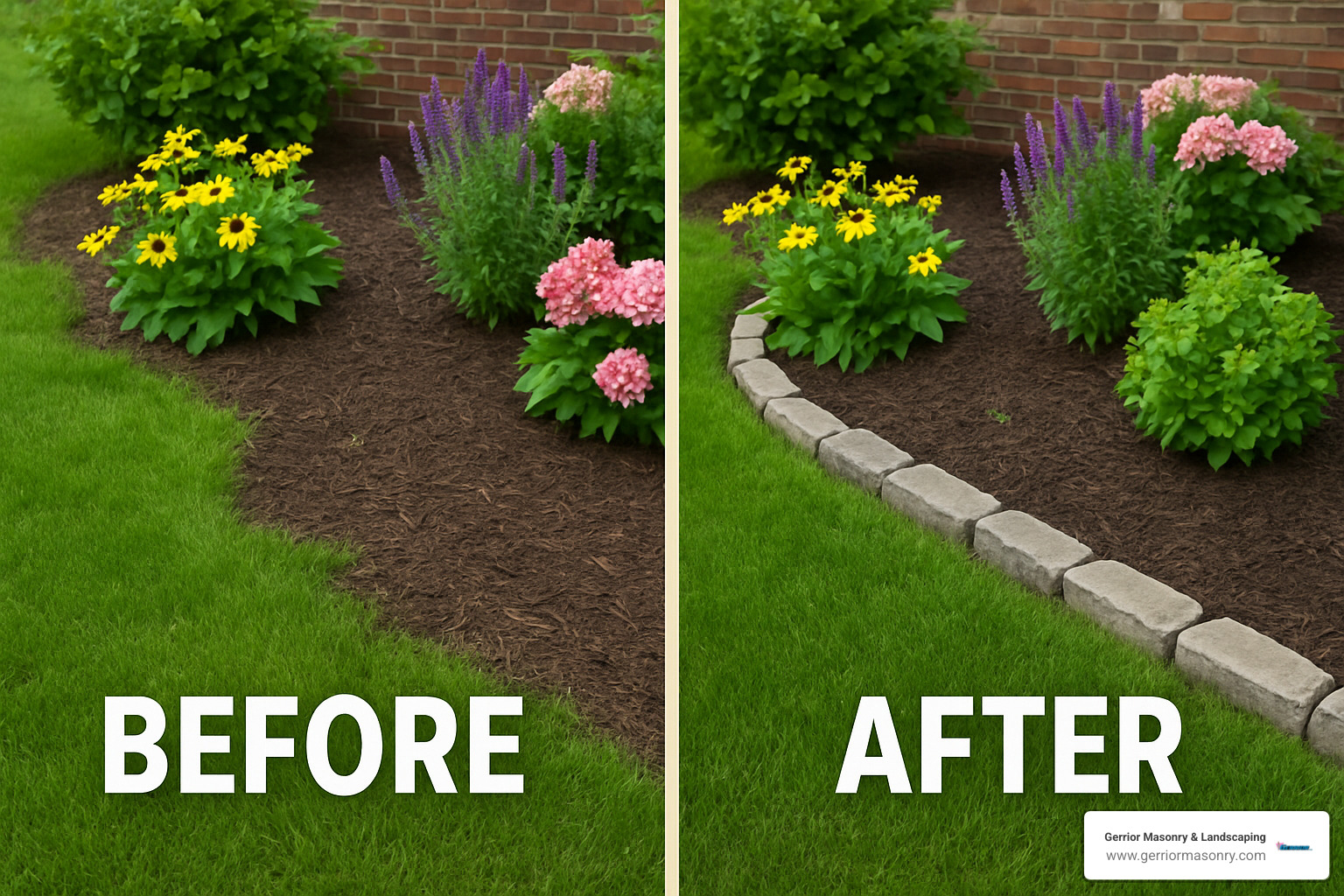 before and after of garden bed with stone edging - Stone edging for flower beds