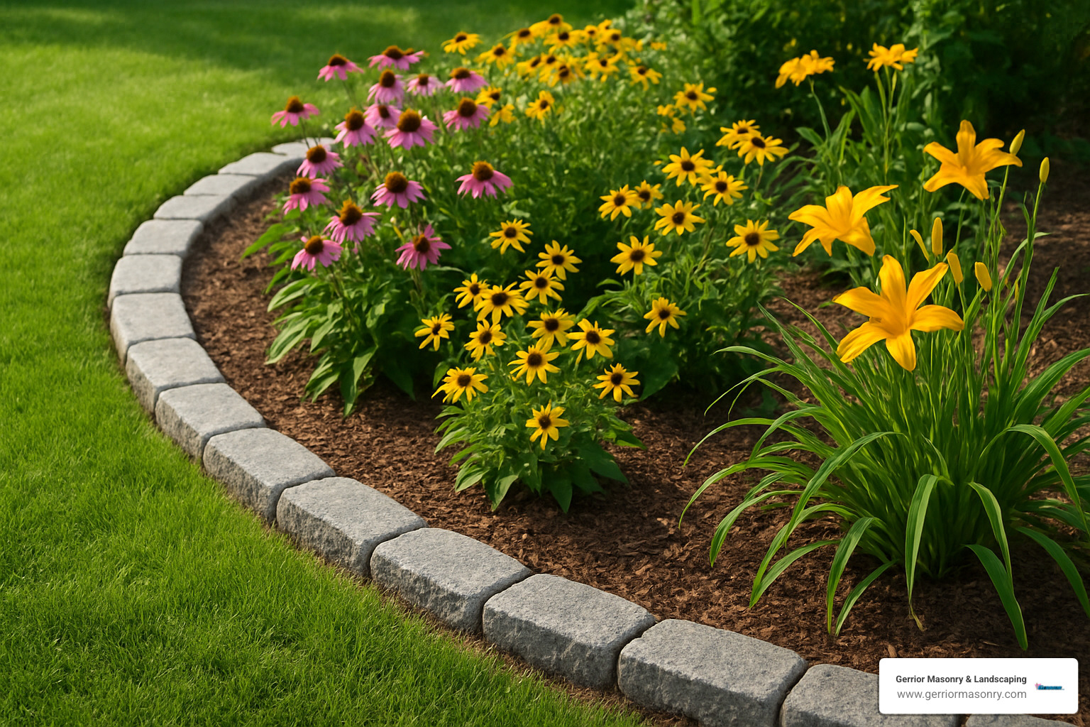 curved granite border with flowering plants - Stone edging for flower beds