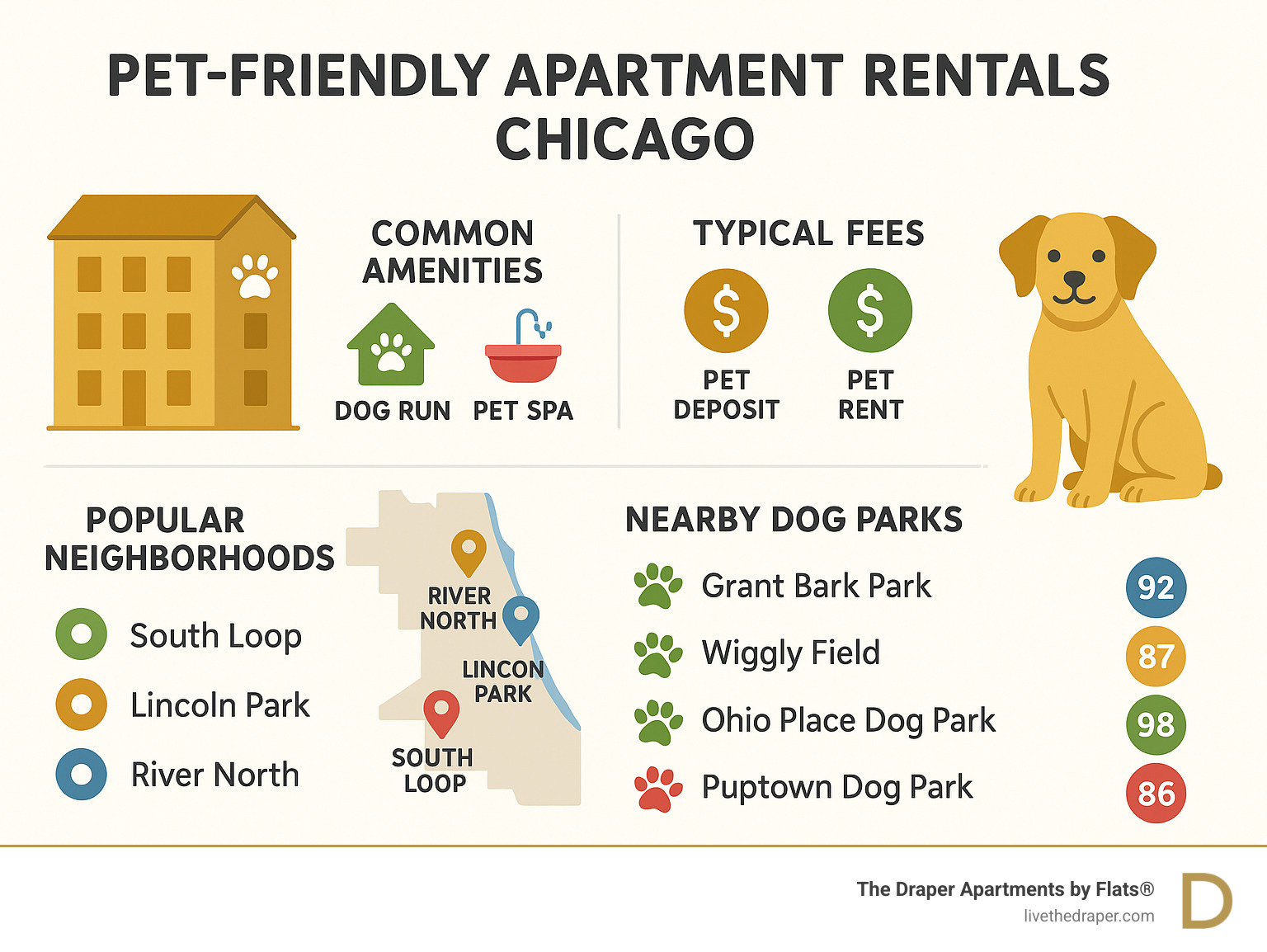 Infographic showing Chicago pet-friendly apartment features including common amenities, typical fees, popular neighborhoods, and nearby dog parks with walkability scores - pet friendly apartment rentals chicago infographic 
