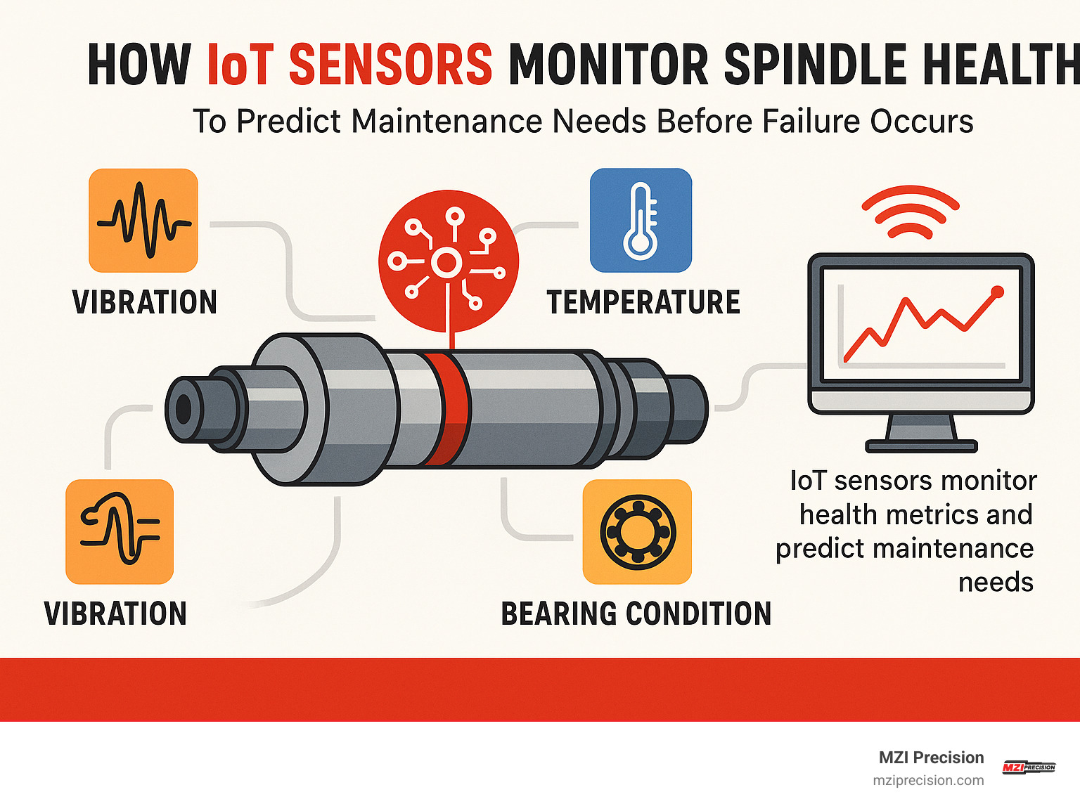 How IoT sensors monitor spindle health metrics including vibration, temperature, and bearing condition to predict maintenance needs before failure occurs - spindle rebuild California infographic 