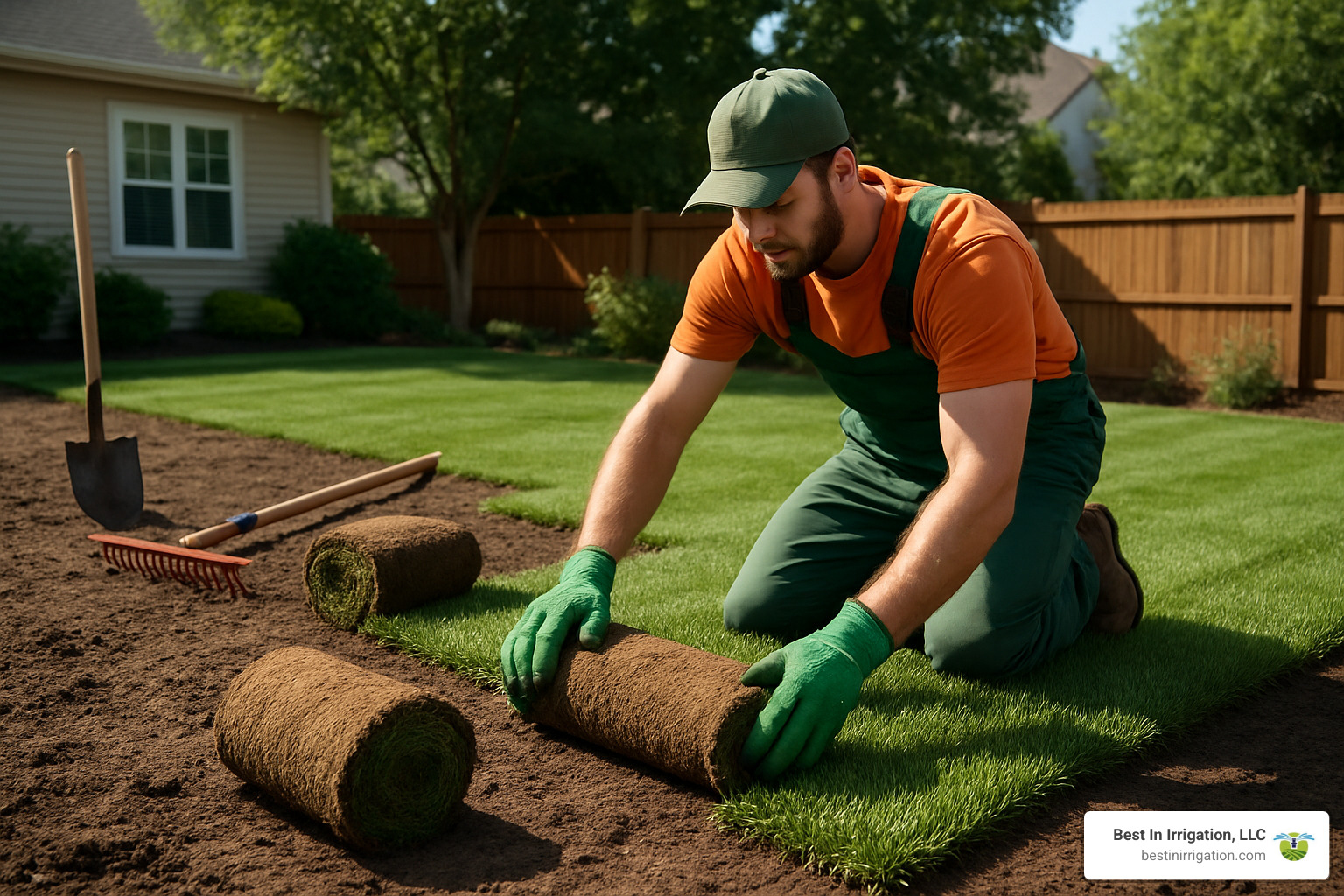 landscaper laying sod in a residential yard - sod and sprinkler installation cost