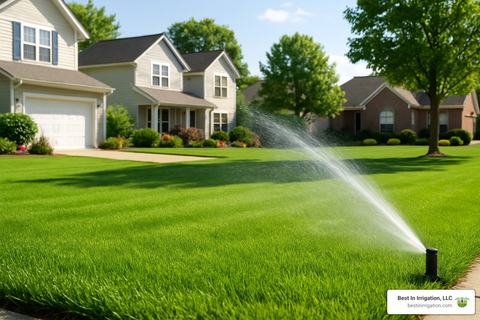 lawn maintenance with sprinkler system in background - sod and sprinkler installation cost