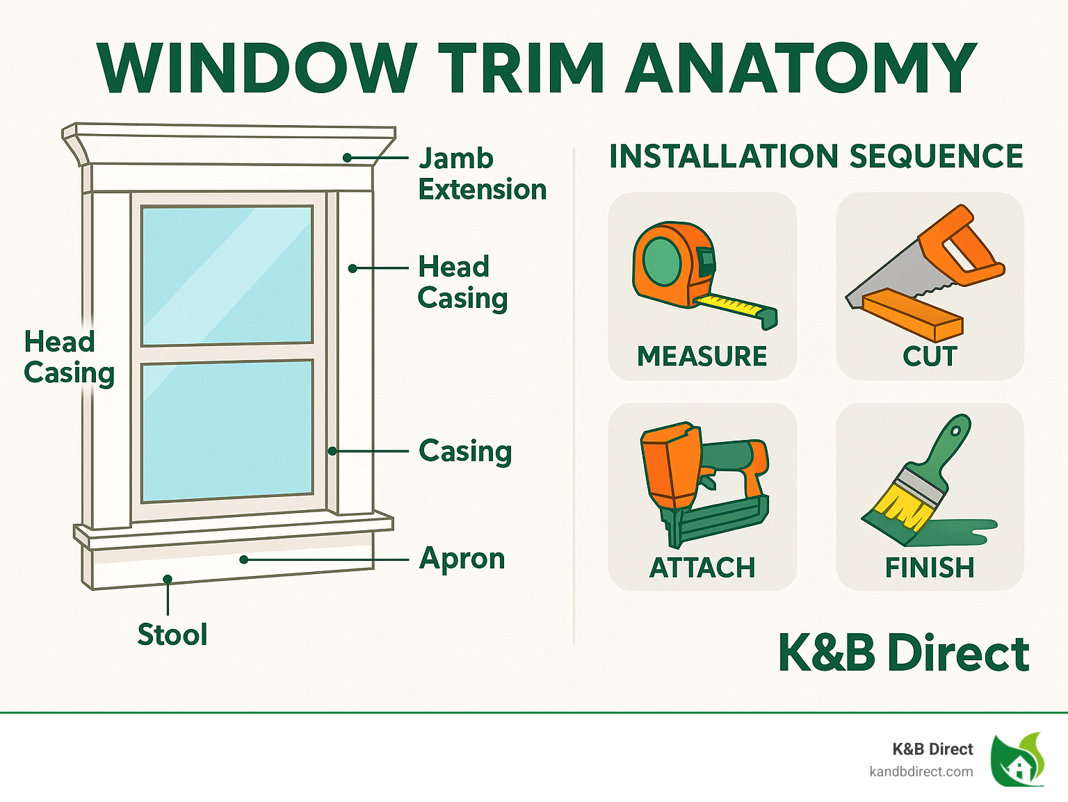 Window trim anatomy showing casing, stool, apron, head casing, jamb extension, and installation sequence with measuring, cutting, attaching and finishing steps - window trim infographic 