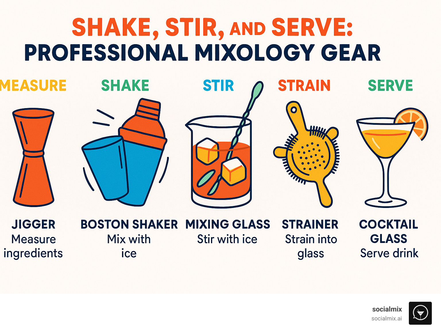 Professional bar tool diagram showing the complete workflow from measuring to serving, including shakers, jiggers, strainers, mixing glasses, and bar spoons with their specific functions in the cocktail creation process - professional mixology gear infographic 