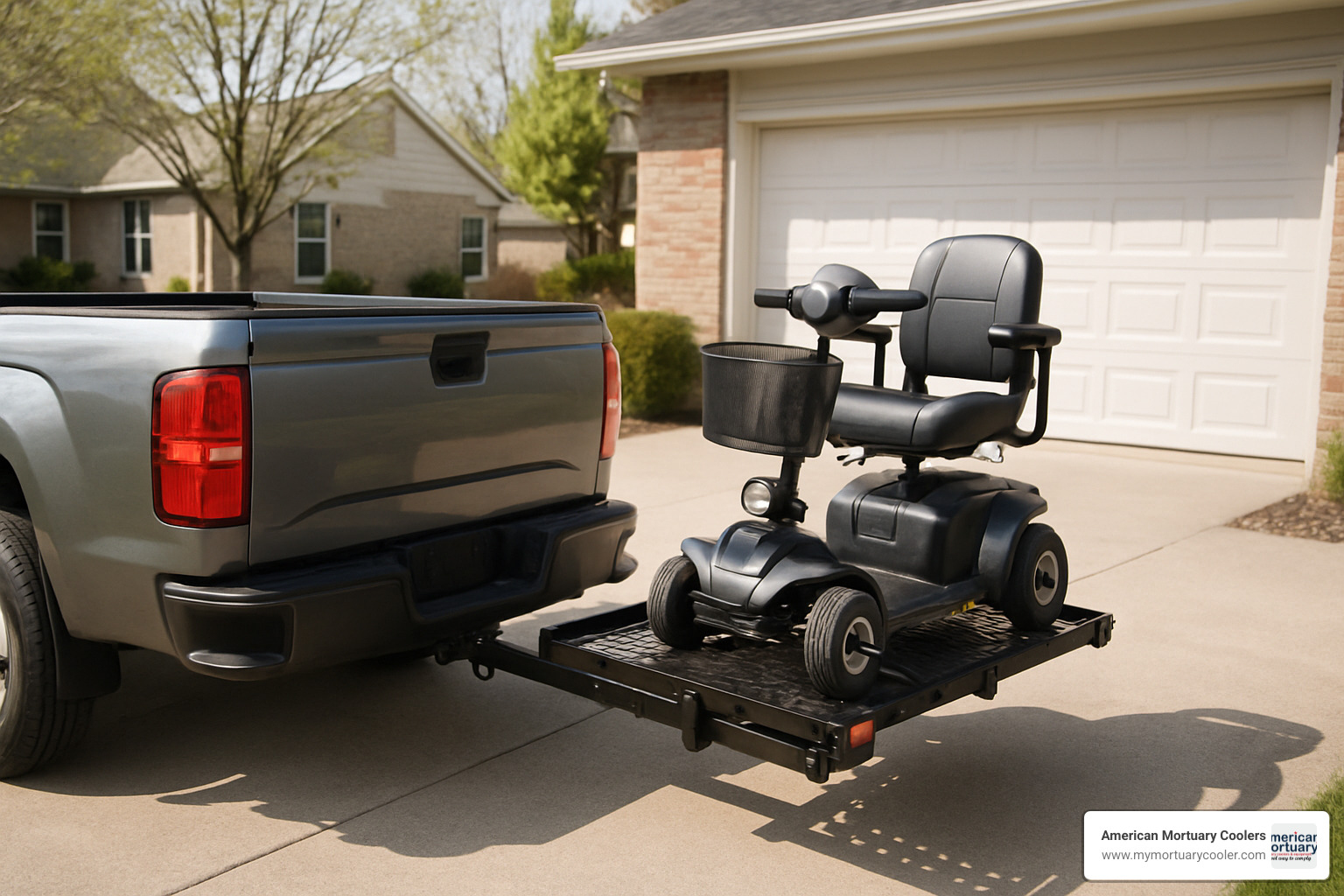 Wheelchair lift attached to truck hitch with mobility scooter mounted - wheelchair lift for truck hitch