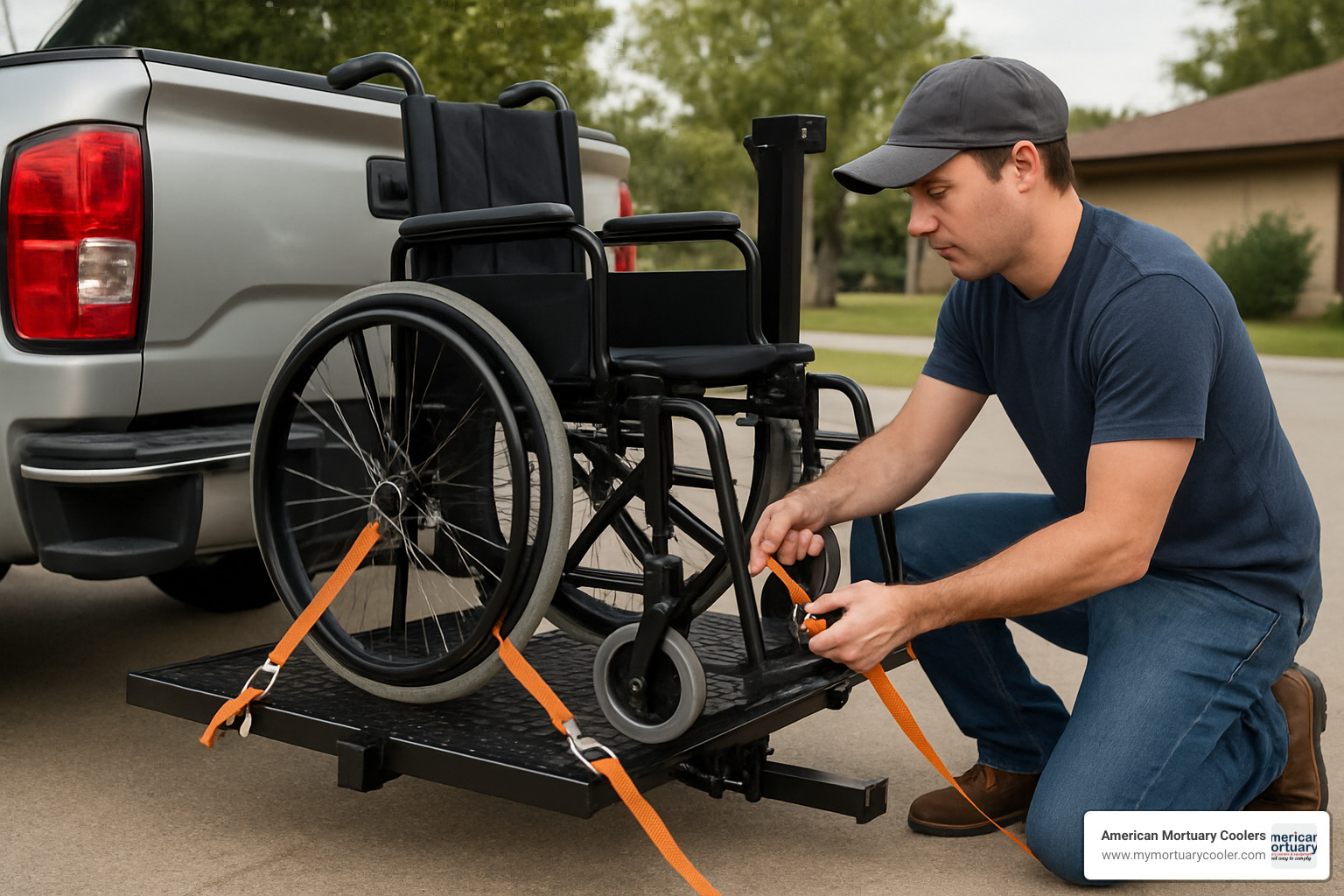 Person securing wheelchair on truck hitch lift with tie-down straps - wheelchair lift for truck hitch