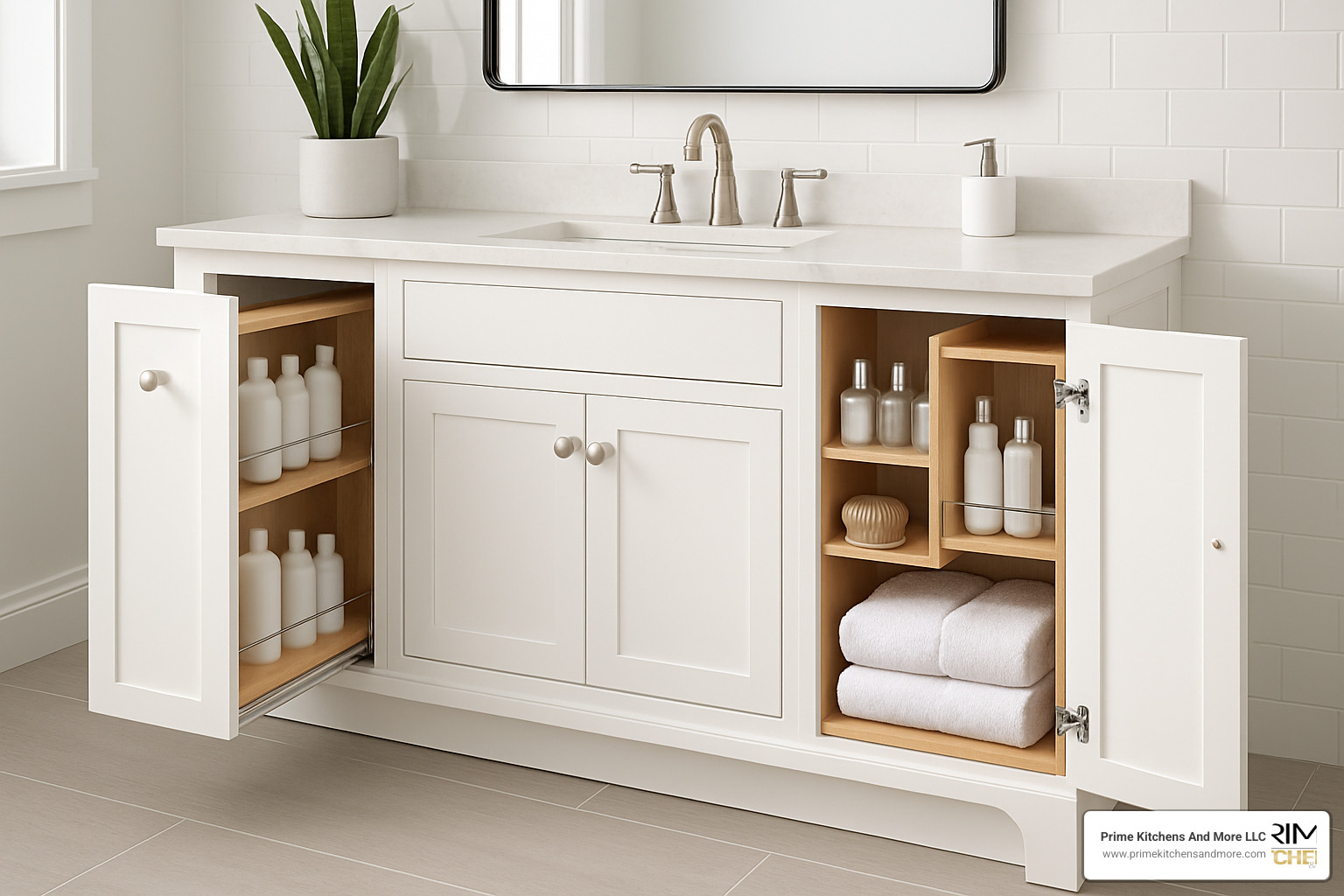 clever vanity storage solution with pull-out organizers - modern master bathroom remodel