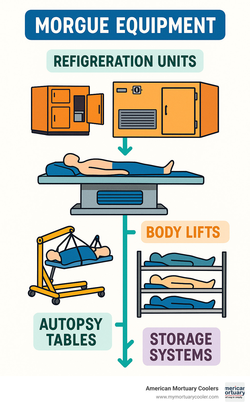 Comprehensive diagram showing types of morgue equipment including refrigeration units, autopsy tables, body lifts, and storage systems with their relationships in the workflow - MORGUE EQUIPMENT infographic 