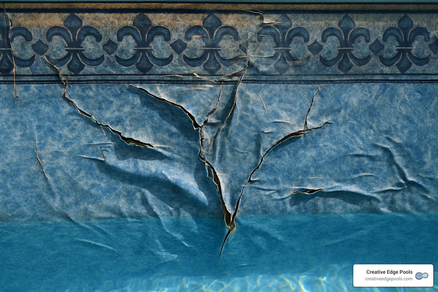 damaged pool liner showing tears and wrinkles - Pool liner replacement near me