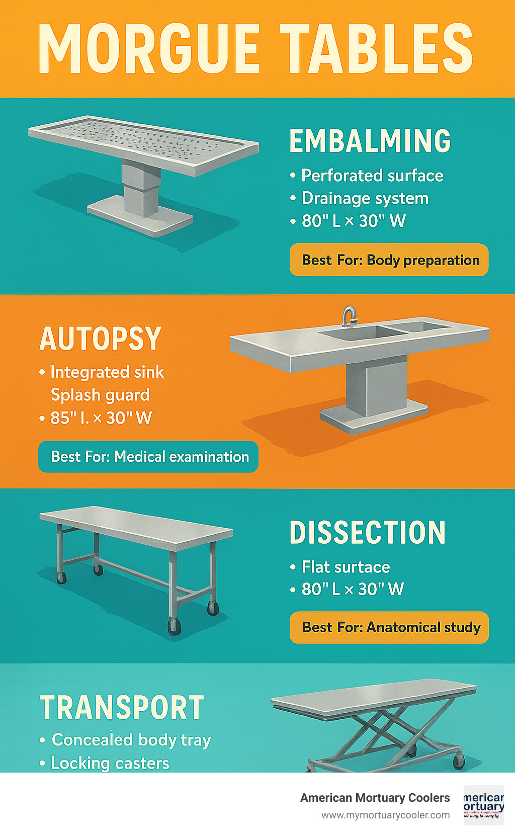 Detailed comparison of morgue table types showing embalming, autopsy, dissection and transport models with their features, dimensions, and best applications - MORGUE TABLES infographic 