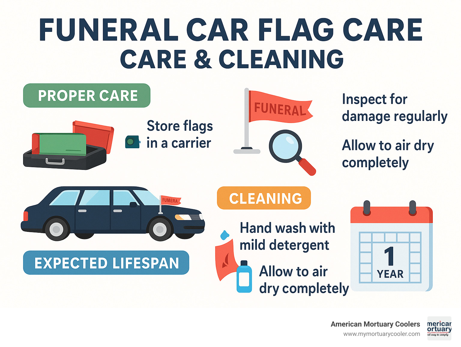 Infographic showing proper care, cleaning and expected lifespan of funeral car flags - funeral flags for cars infographic 
