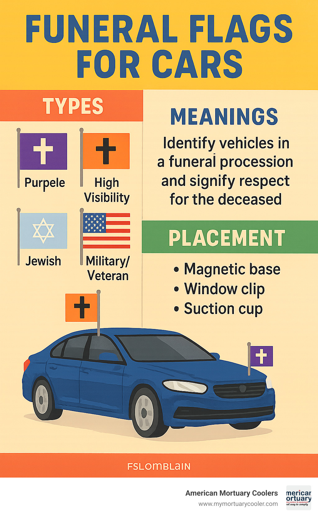 Detailed infographic showing various funeral car flag types, their meanings, and proper placement on vehicles in a funeral procession - funeral flags for cars infographic 