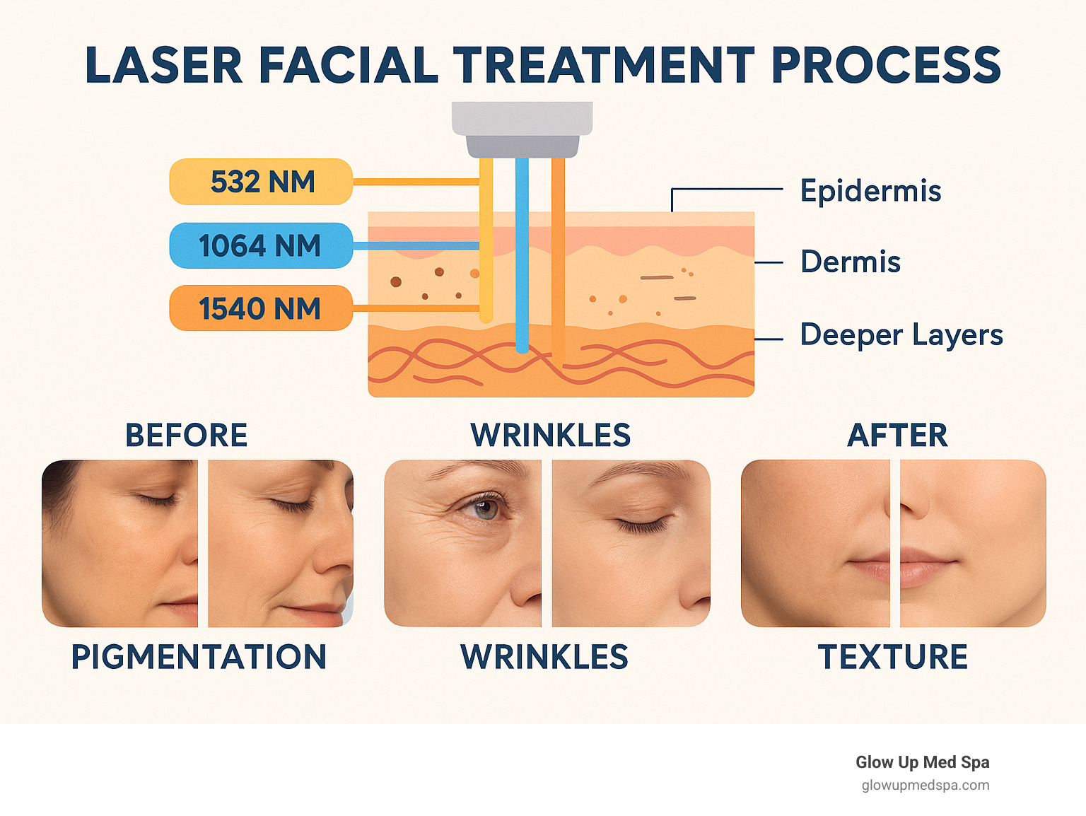 Laser facial treatment process showing how different wavelengths target specific skin layers, with before and after results for common concerns like pigmentation, wrinkles, and texture - laser facial medspa infographic