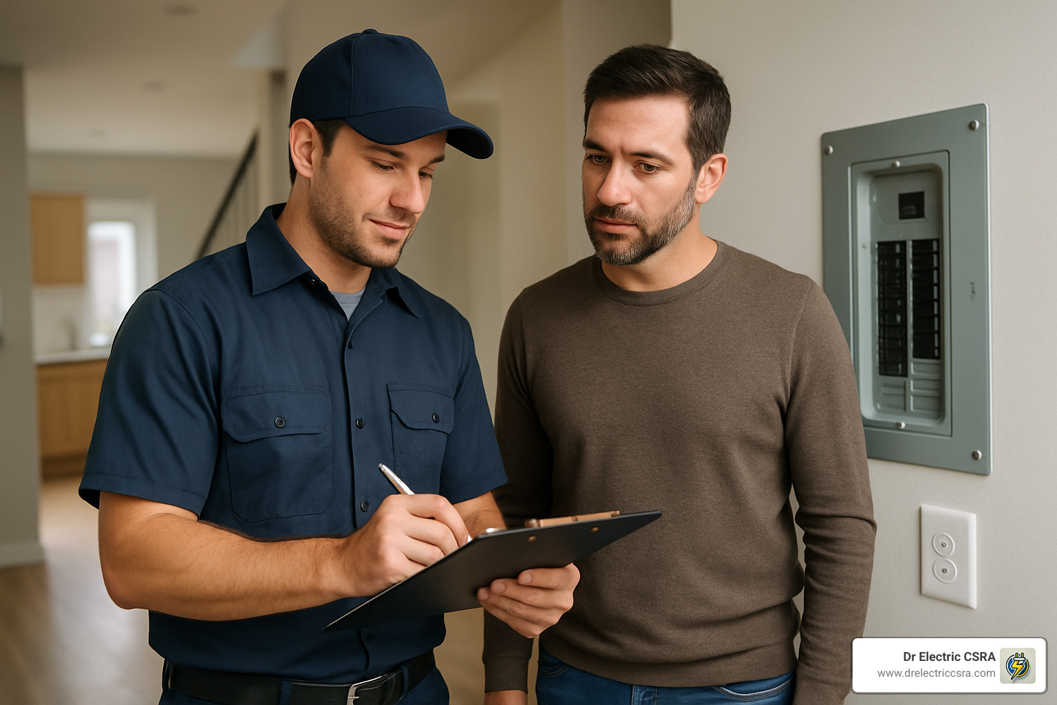 Electrician consulting with homeowner about electrical panel upgrade, emphasizing safety and professional service from Dr Electric CSRA.