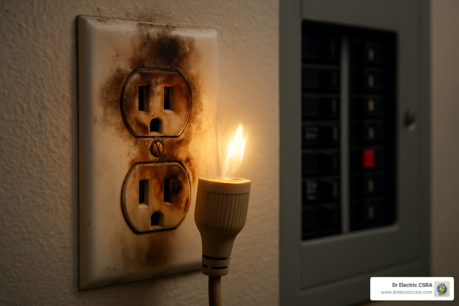 Burned wall outlet with a smoking plug and visible flames, indicating electrical hazard and potential fire risk, relevant to residential electrical safety concerns.