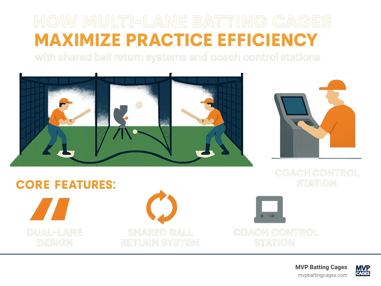 How multi-lane batting cages maximize practice efficiency with shared ball return systems and coach control stations - batting cage and pitching machine infographic 