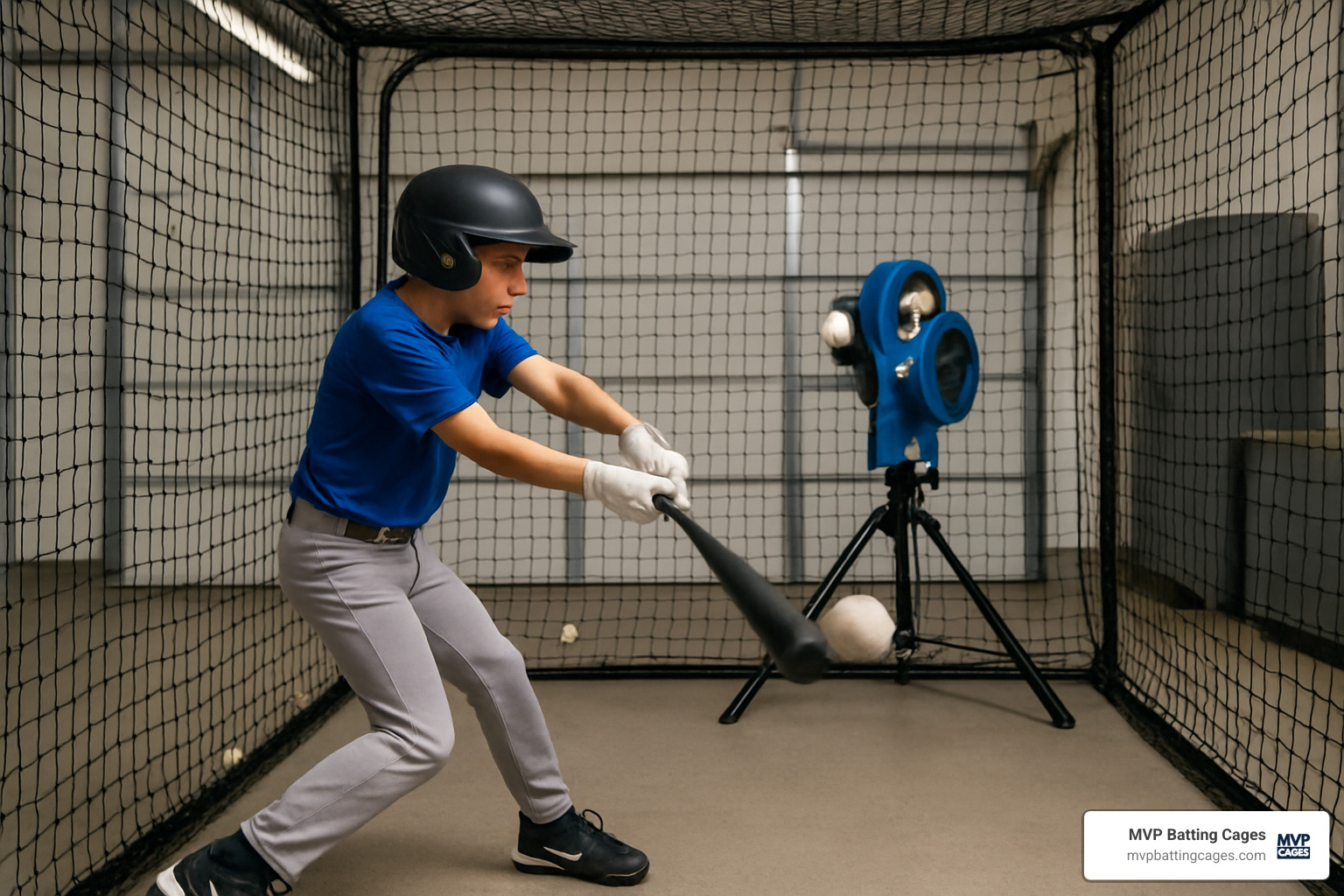 player using short-toss training cage with pitching machine - batting cage and pitching machine
