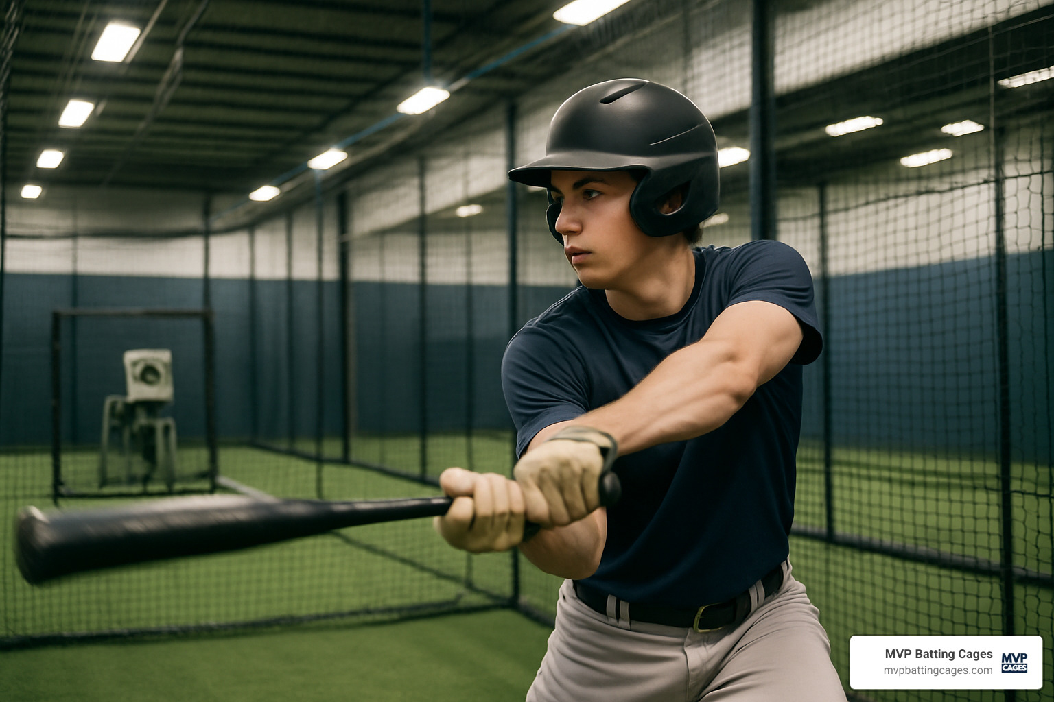 baseball player practicing swing mechanics in indoor facility - batting cage and pitching machine