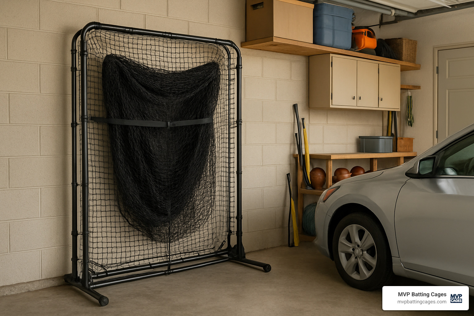 batting cage folded against garage wall - batting cage and pitching machine