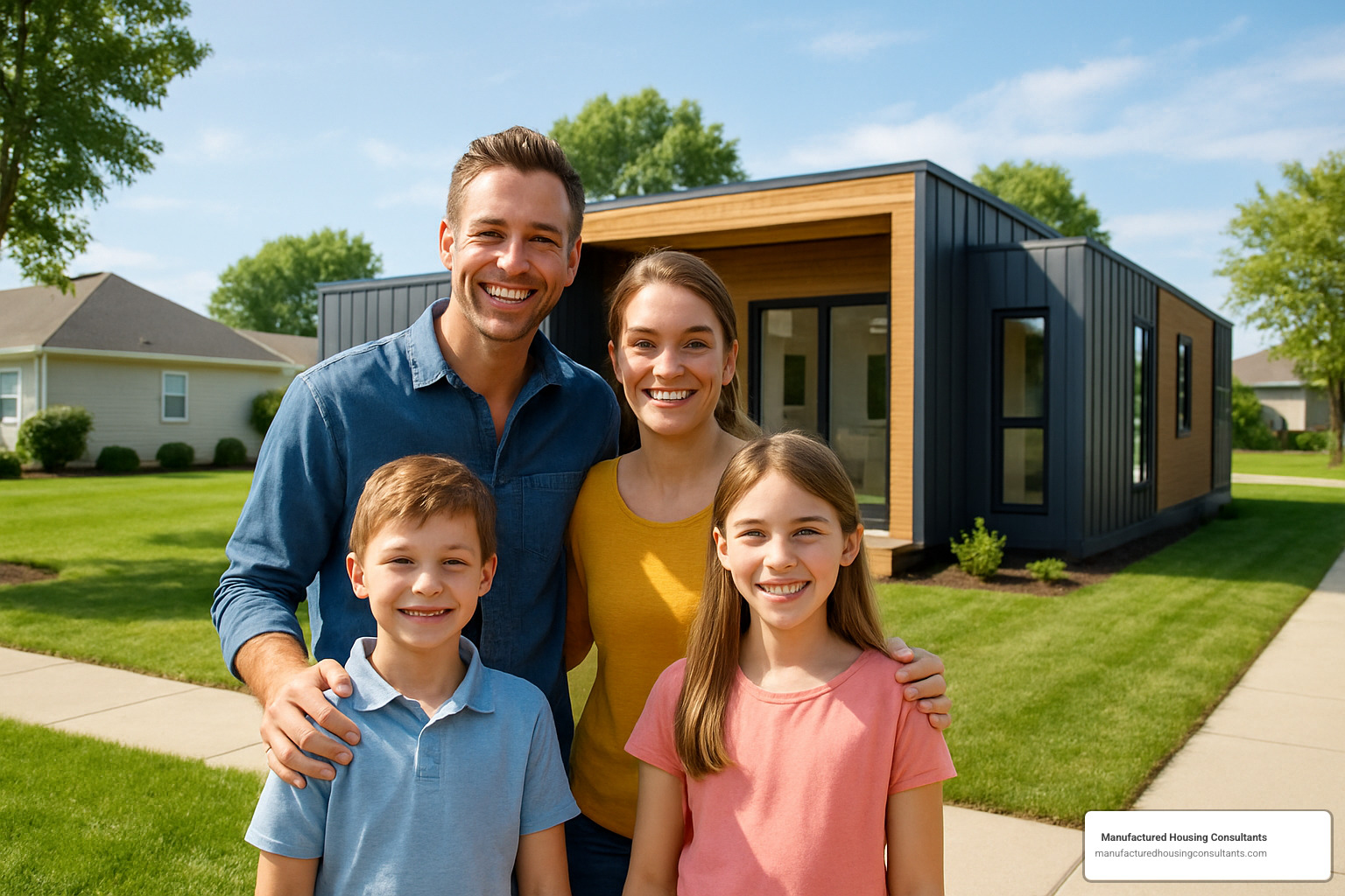 happy family in front of modular home - modular home financing options