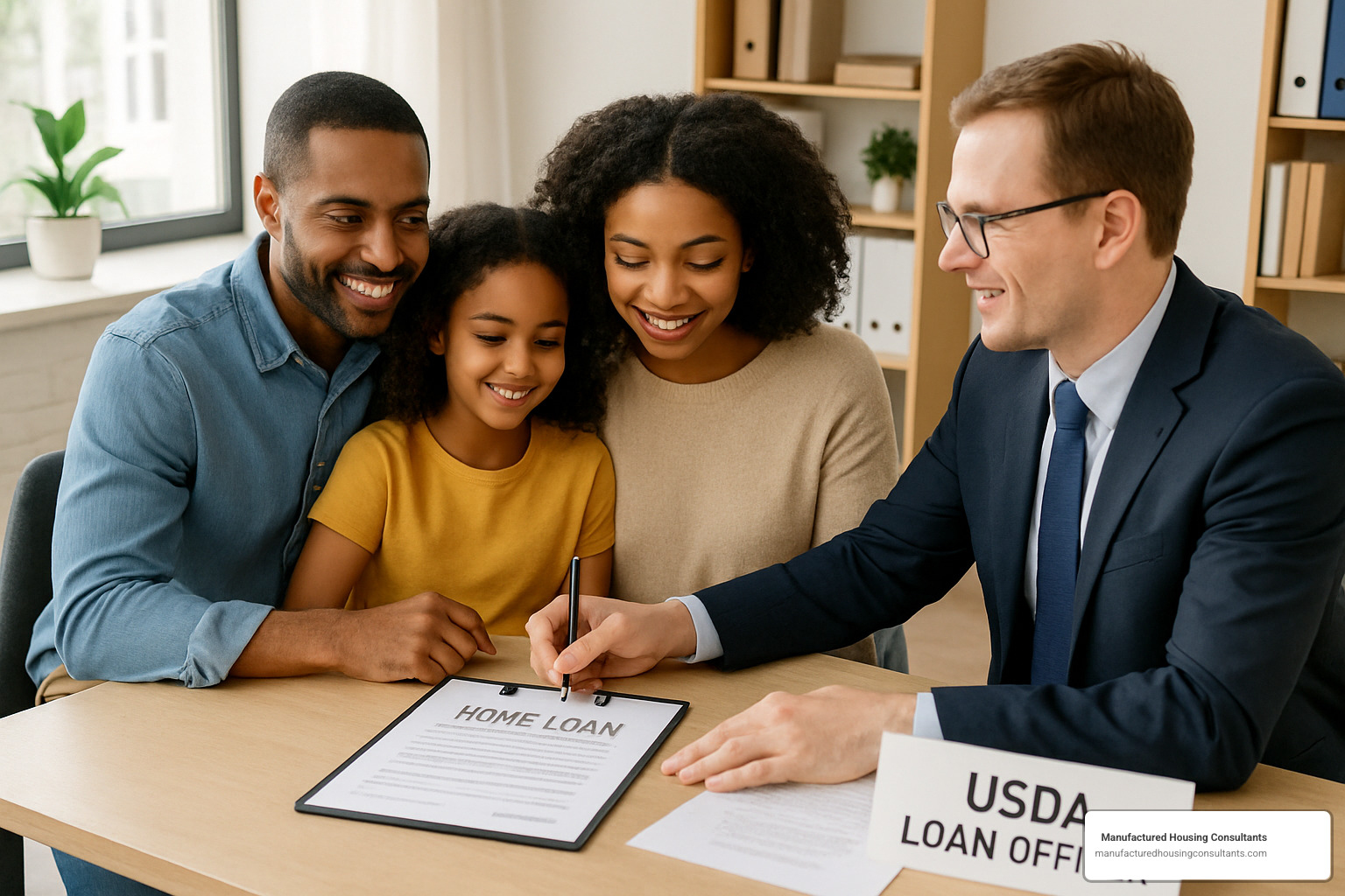 family signing USDA loan paperwork - modular home financing options