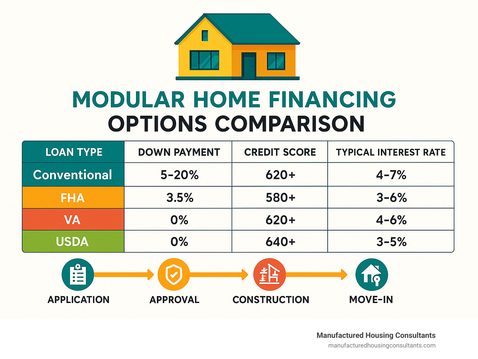 Modular Home Financing Options Comparison showing loan types, down payment requirements, credit score minimums, and typical interest rates with a timeline of the financing process from application to move-in - modular home financing options infographic 