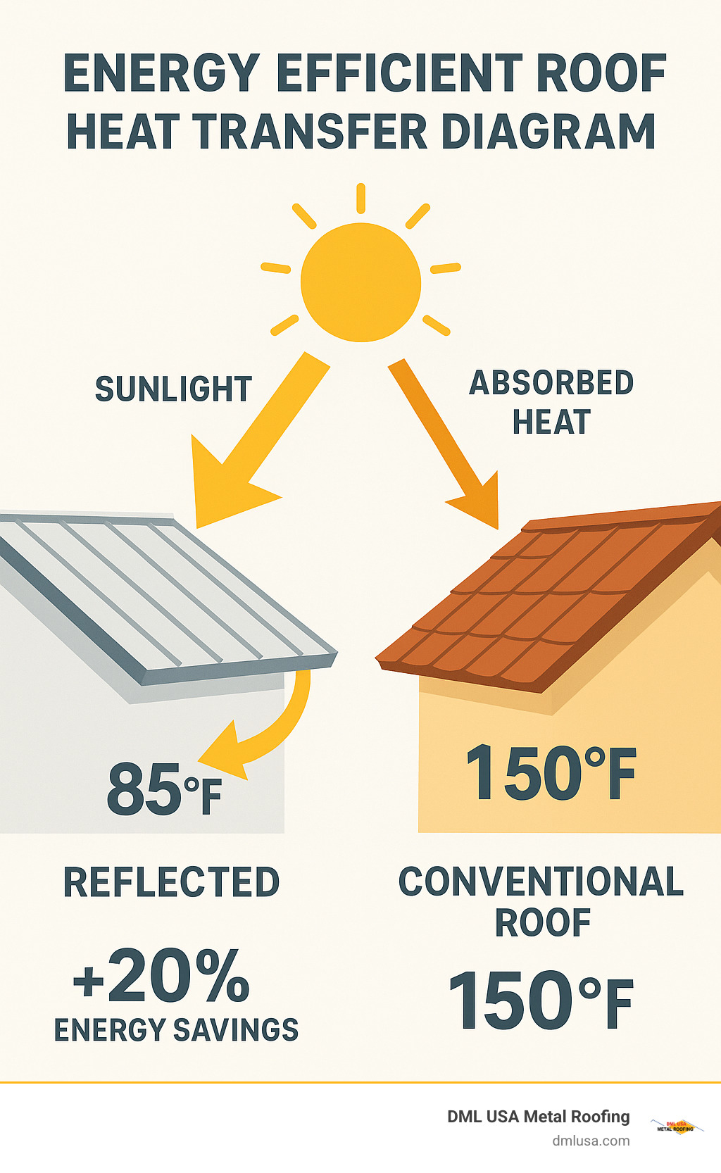 Energy efficient roof heat transfer diagram showing how cool roofs reflect sunlight and emit absorbed heat compared to conventional roofs, with temperature differences and energy savings percentages - Energy efficient roofs infographic 