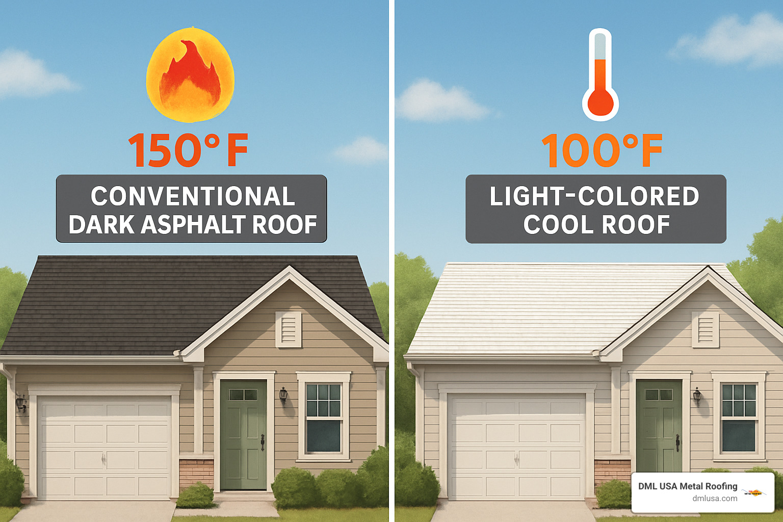 Cool roof compared to conventional dark roof showing temperature difference - Energy efficient roofs