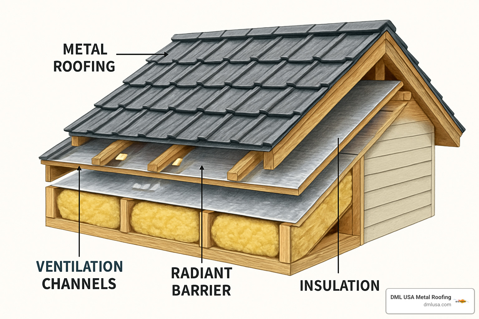 Layered roof assembly showing underlayment, ventilation, and metal roofing components - Energy efficient roofs