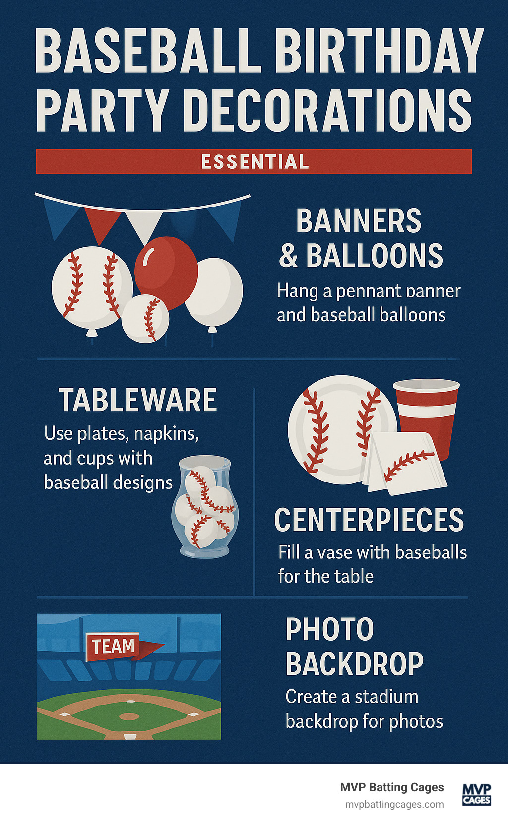 Essential baseball birthday party decorations including banners, balloons, tableware, centerpieces, and photo backdrop elements with setup tips - baseball birthday party decorations infographic 