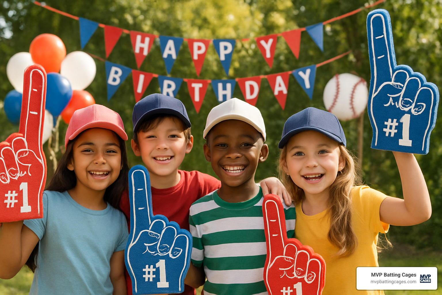 kids with baseball foam fingers - baseball birthday party decorations