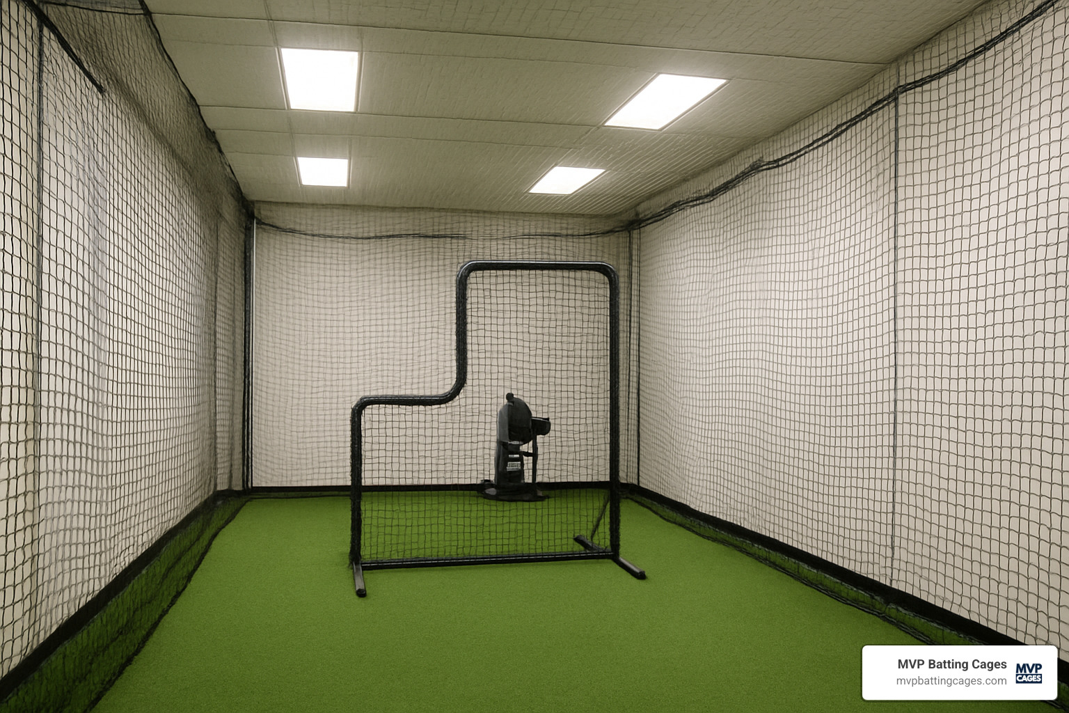 Indoor batting cage setup with L-screen - indoor baseball pitching machine