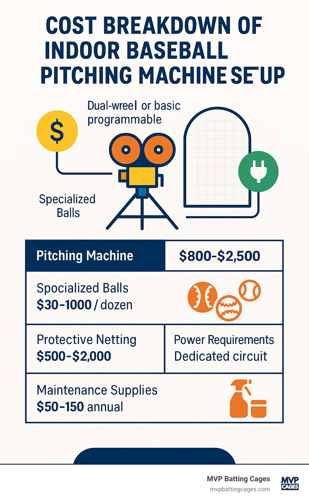 Cost breakdown of indoor baseball pitching machine setup - indoor baseball pitching machine infographic 