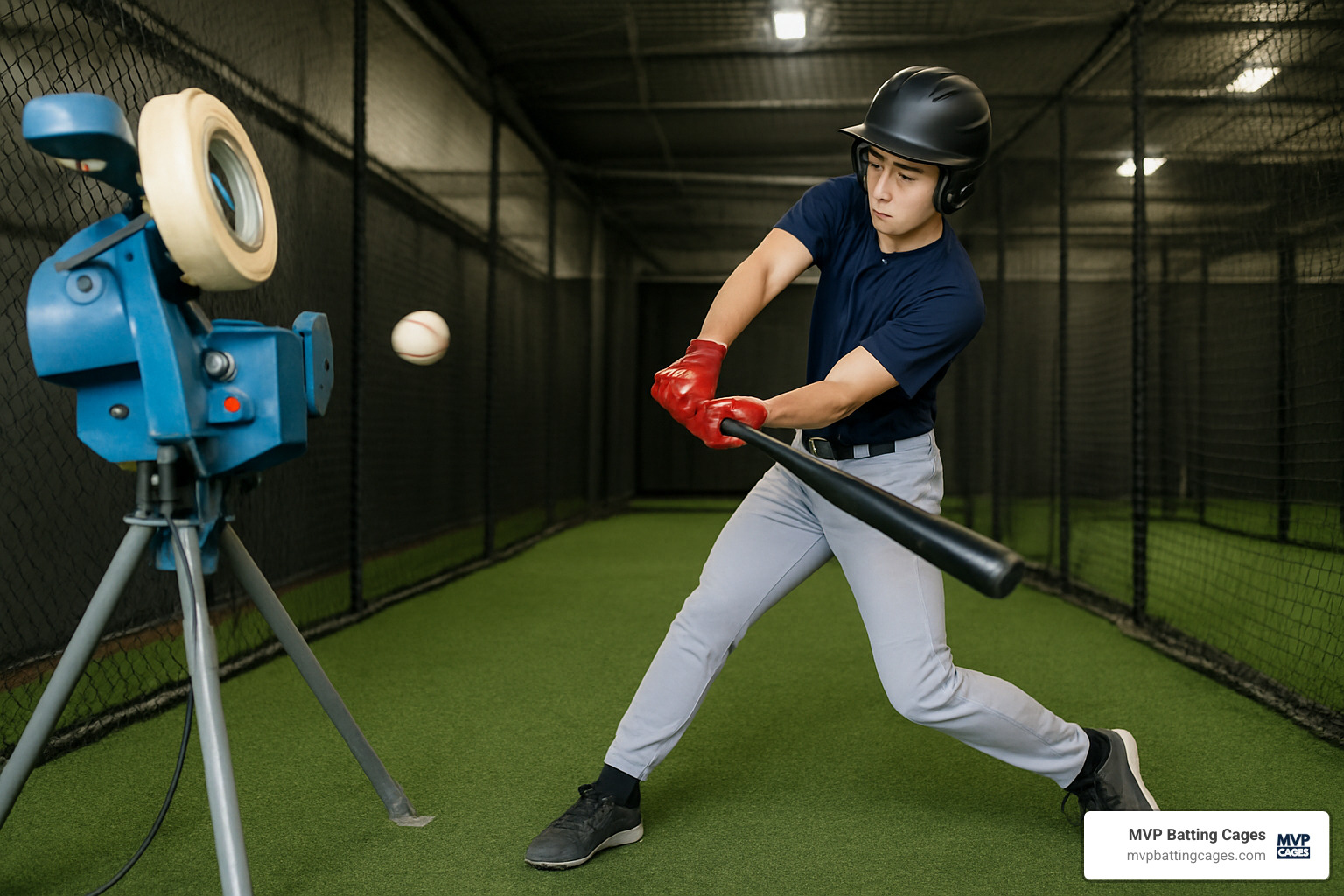 Baseball player hitting from indoor pitching machine - indoor baseball pitching machine