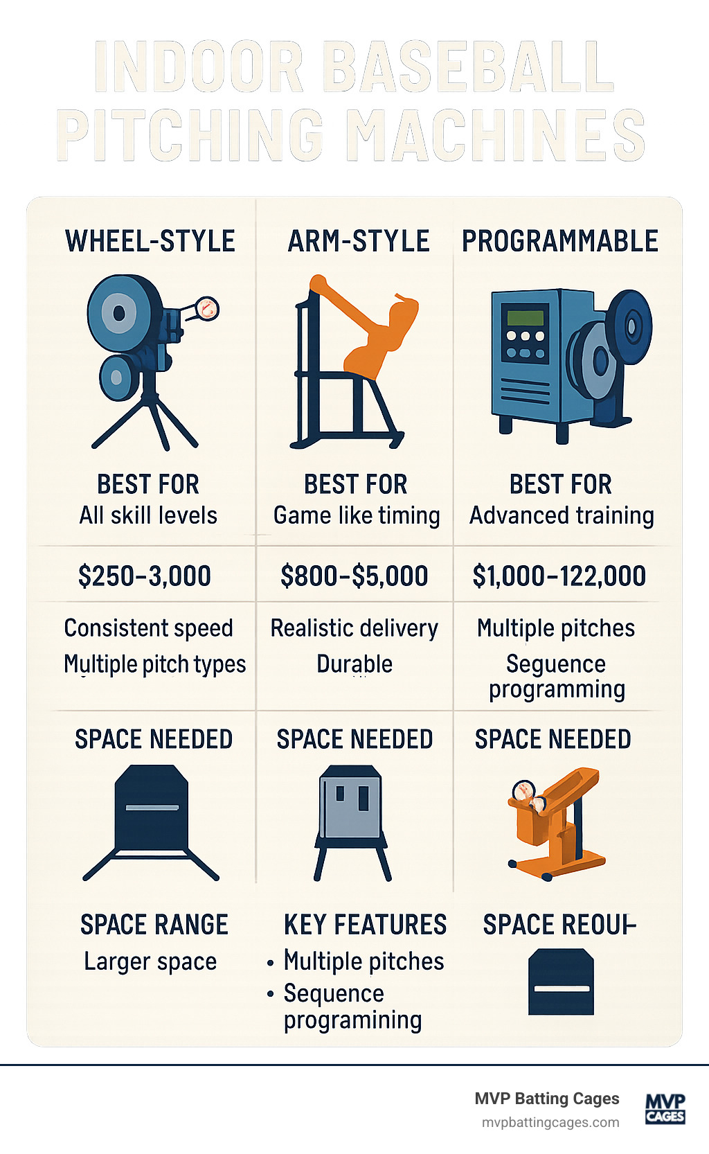 Comparison of indoor baseball pitching machine types showing wheel-style, arm-style, programmable, and reaction trainers with their key features, price ranges, and space requirements - indoor baseball pitching machine infographic 