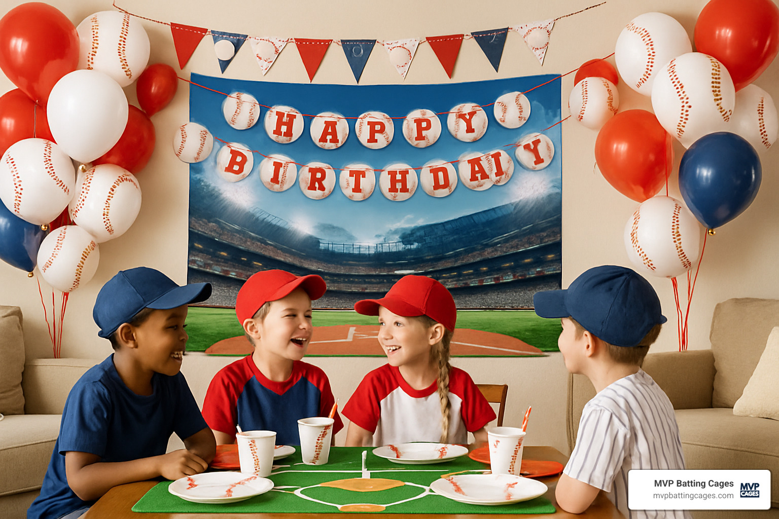 baseball themed living room party setup - baseball birthday party decorations