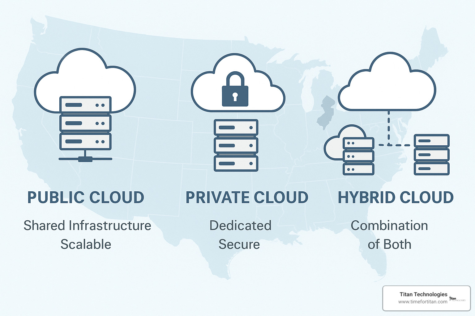 Different cloud hosting models comparison showing public, private, and hybrid cloud architectures - cloud hosting new jersey