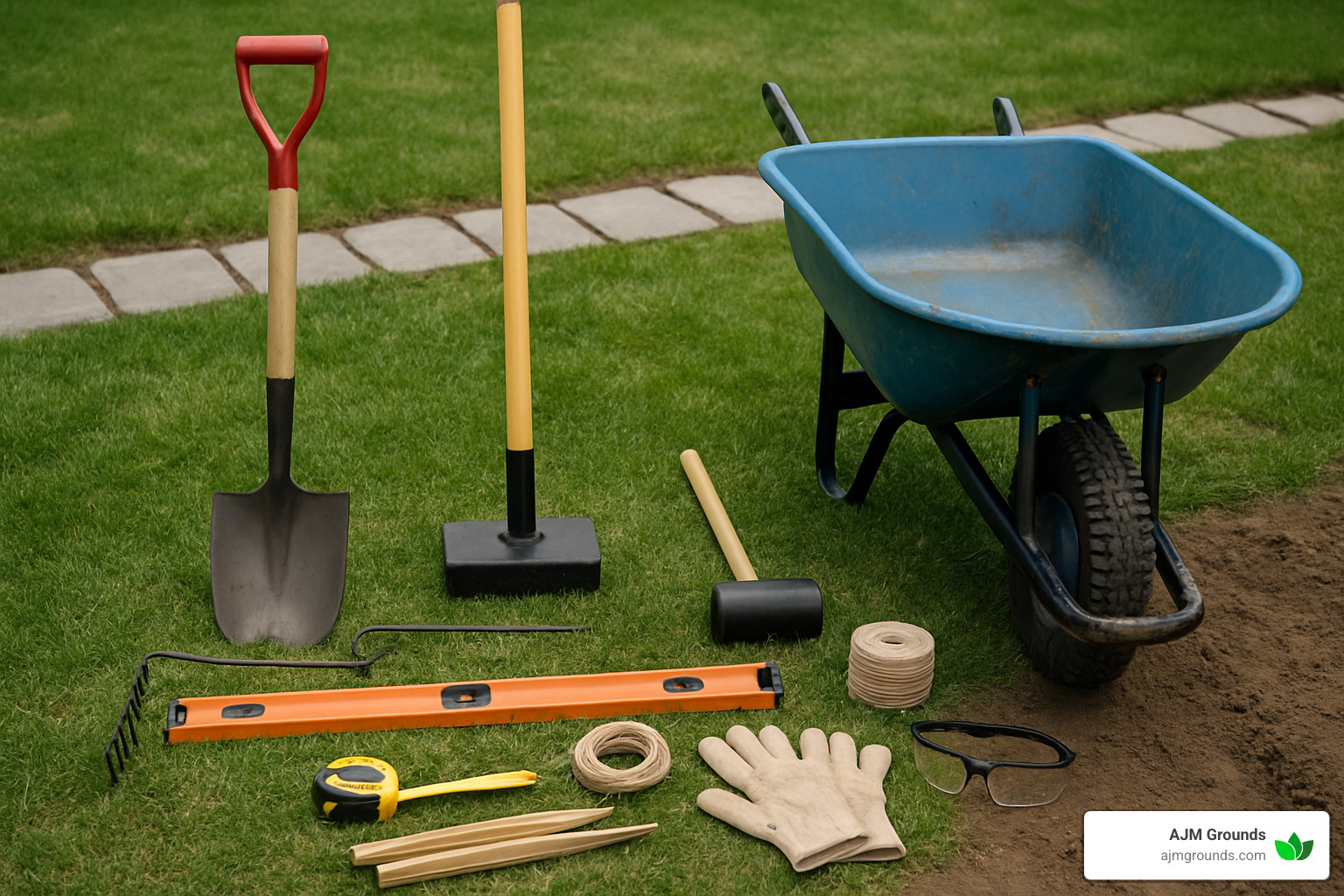 landscaping tools laid out for stone path installation - laying a stone path