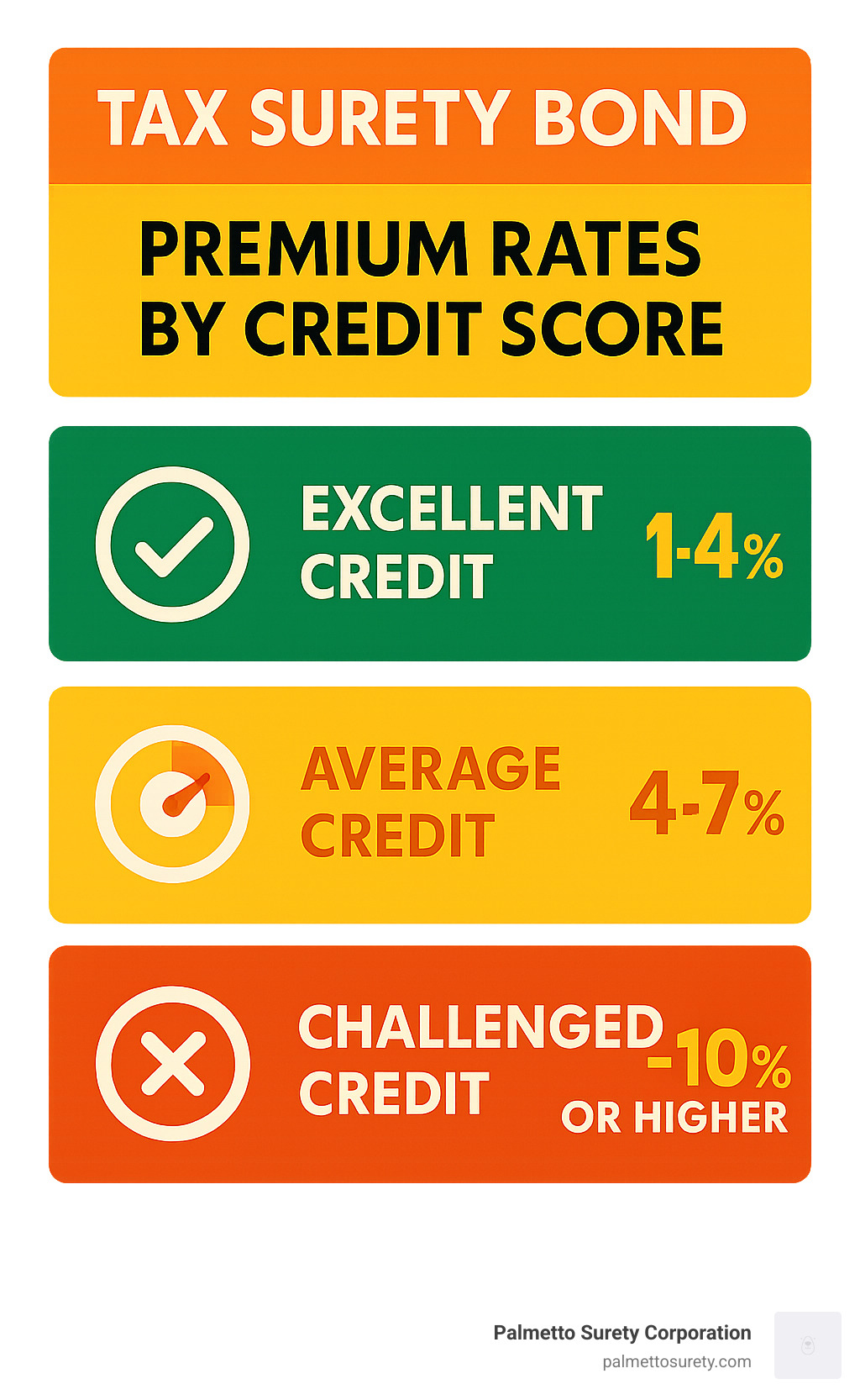 The basics of tax surety bonds 9 Statistics showing tax surety bond premium rates by credit score range, with excellent credit (1-4%), average credit (4-7%), and challenged credit (7-10% or higher) - tax surety bond infographic