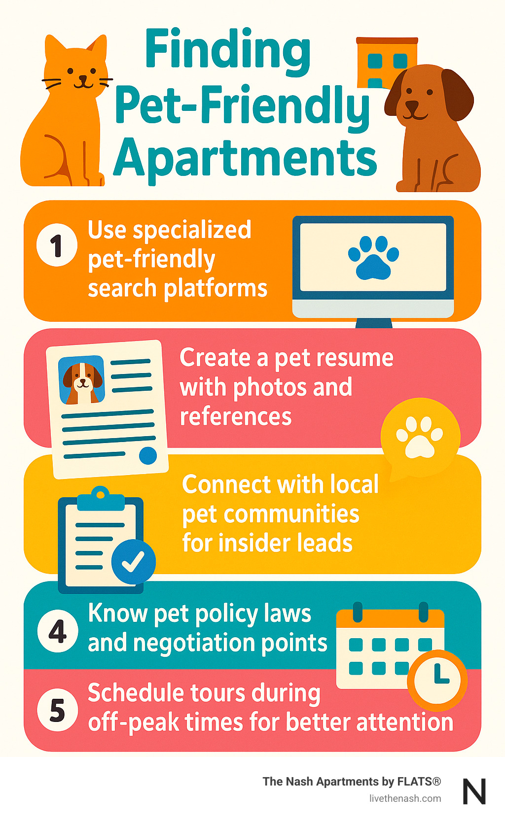 Infographic showing the 5-step process for finding pet-friendly apartments: 1) Use specialized pet-friendly search platforms, 2) Create a pet resume with photos and references, 3) Connect with local pet communities for insider leads, 4) Know pet policy laws and negotiation points, 5) Schedule tours during off-peak times for better attention - pet-friendly apartments infographic 