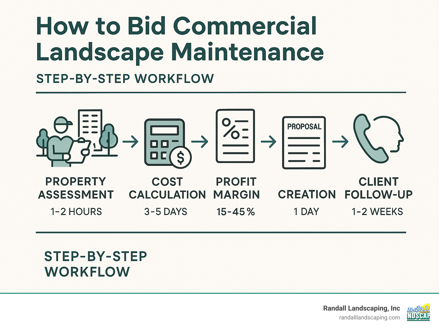 Step-by-step workflow for commercial landscape maintenance bidding showing property assessment, cost calculation, profit margin application, proposal creation, and client follow-up with estimated timeframes for each stage - how to bid commercial landscape maintenance infographic 