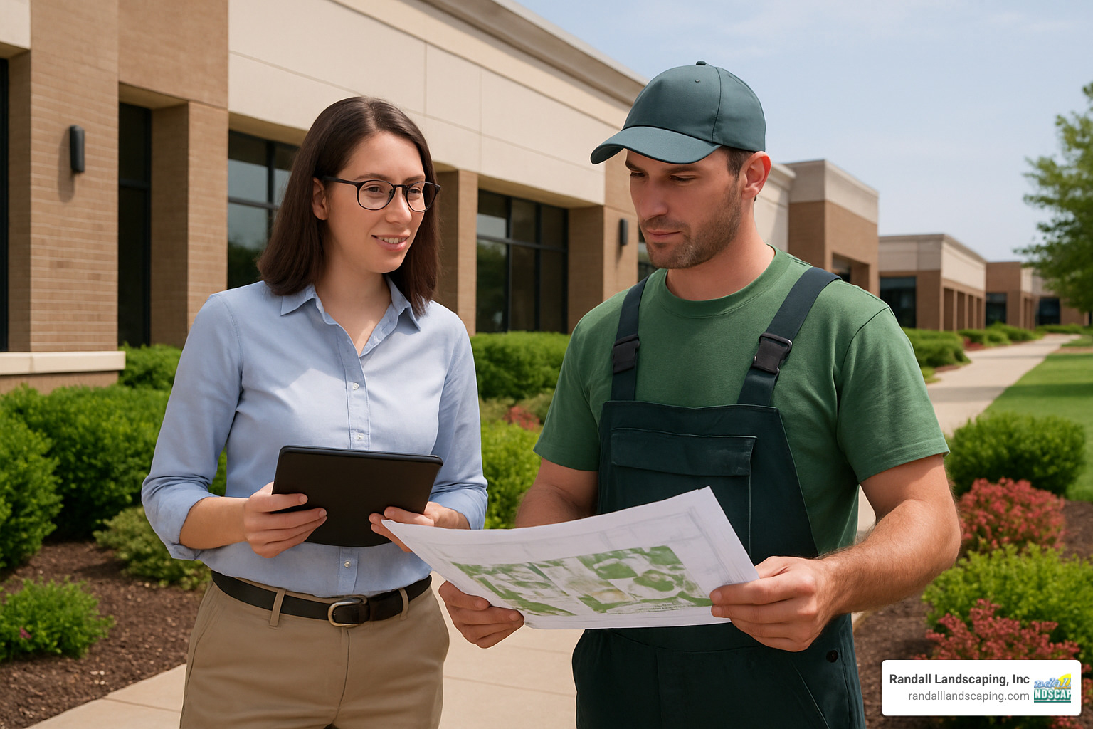 Property manager and landscaper conducting a site walkthrough - how to bid commercial landscape maintenance
