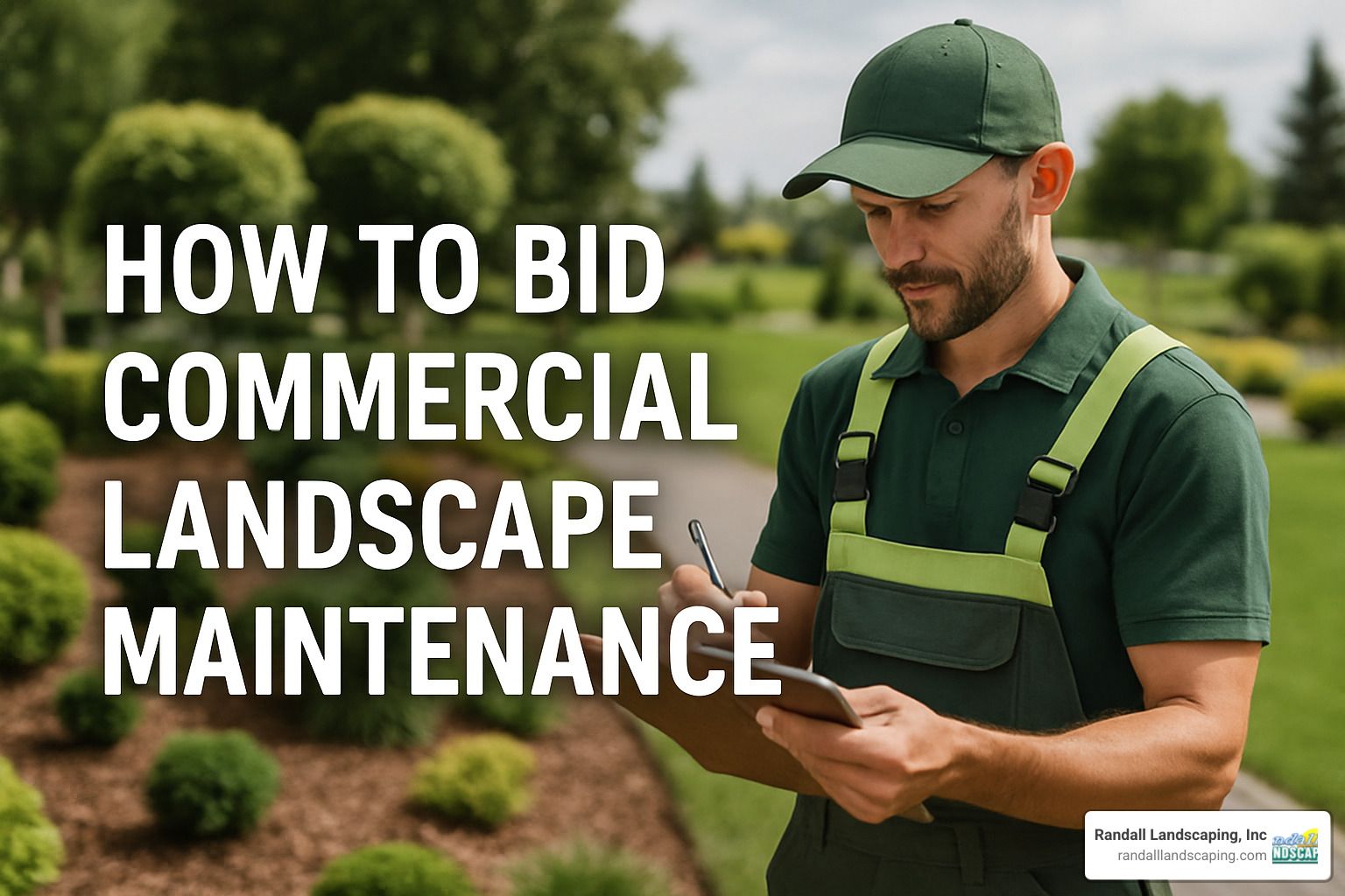 Landscaper using tablet for property measurements and bid preparation - how to bid commercial landscape maintenance