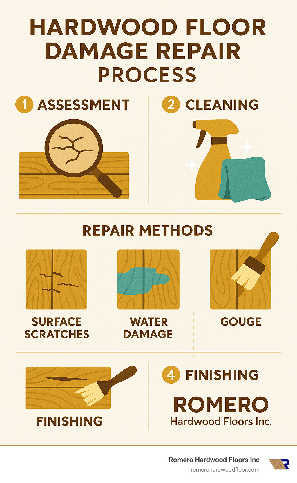 Hardwood floor damage repair process showing assessment, cleaning, repair methods for different damage types, and finishing techniques - Hardwood floor damage repair infographic 