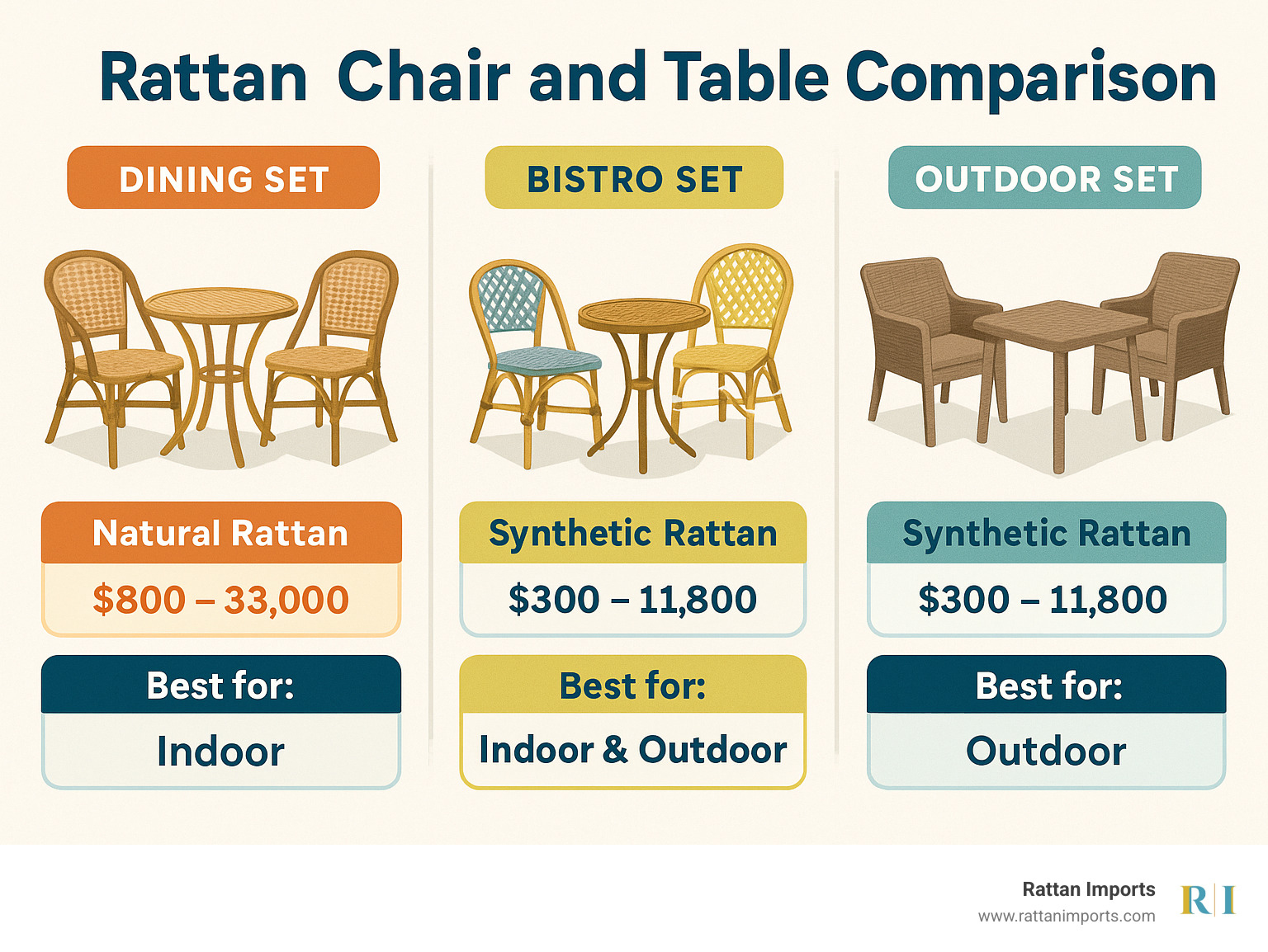 Comparison of rattan chair and table types showing dining sets, bistro sets, and outdoor configurations with material properties, price ranges, and ideal placement locations - Rattan chair and table infographic 