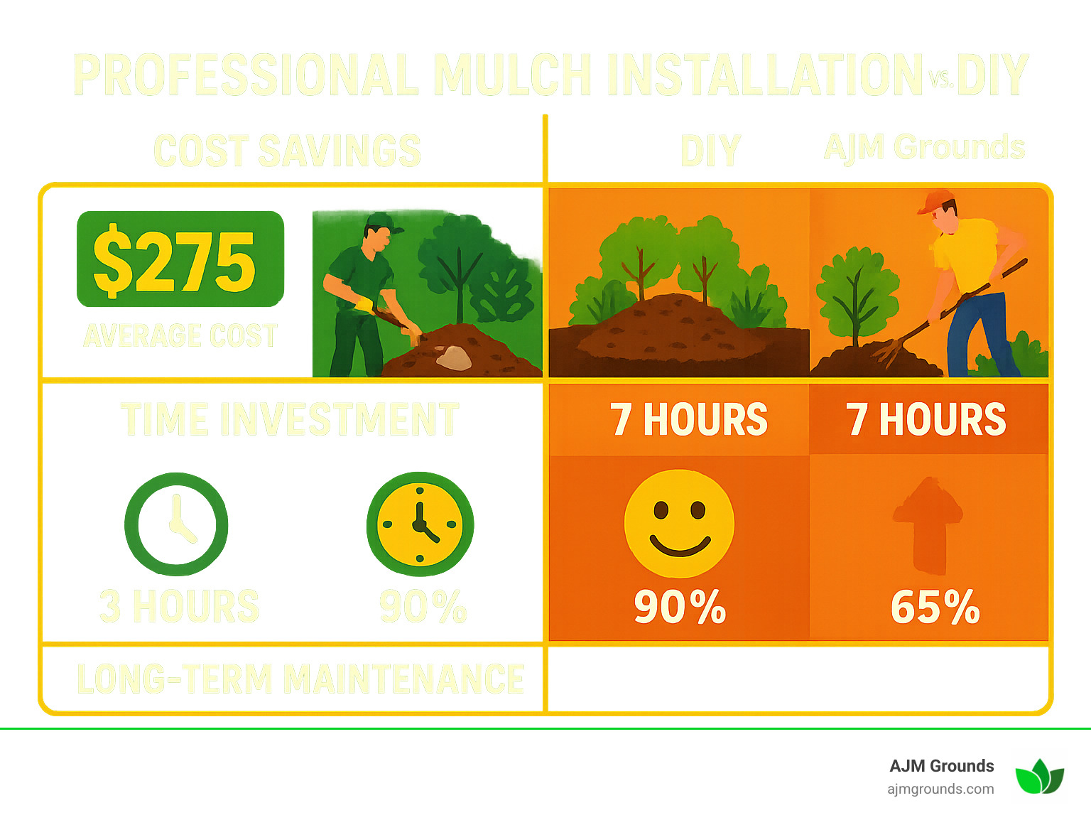 Comparison of professional mulch installation versus DIY showing cost savings, time investment, quality of finish, and long-term maintenance benefits with data on average prices, labor hours, and customer satisfaction rates - mulch install near me infographic 