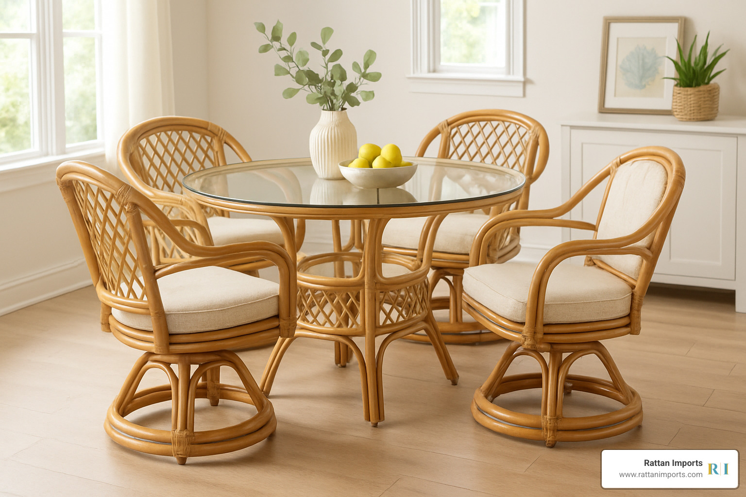 round glass-top rattan dining set with swivel chairs - Rattan chair and table