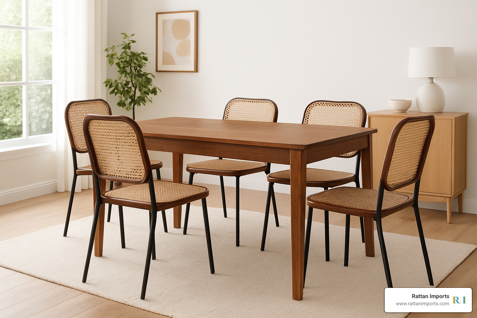 walnut-tone rattan dining set with cane backs and metal legs - Rattan chair and table