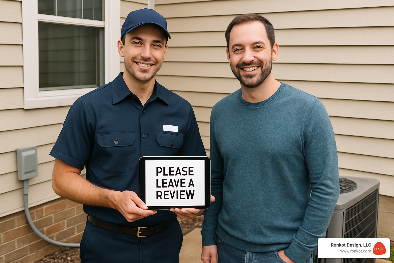 HVAC technician asking a satisfied customer for a review after service - hvac lead generation company